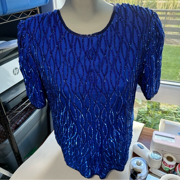 Vintage glittery sparkle newyears party unique sequin blue formal top size large - Picture 3 of 14